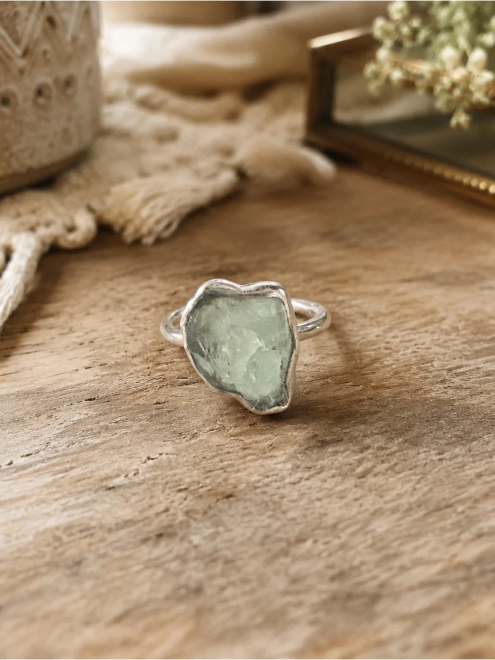 Natural Premium Rough Cut Aquamarine Handmade Ring Size 7.5